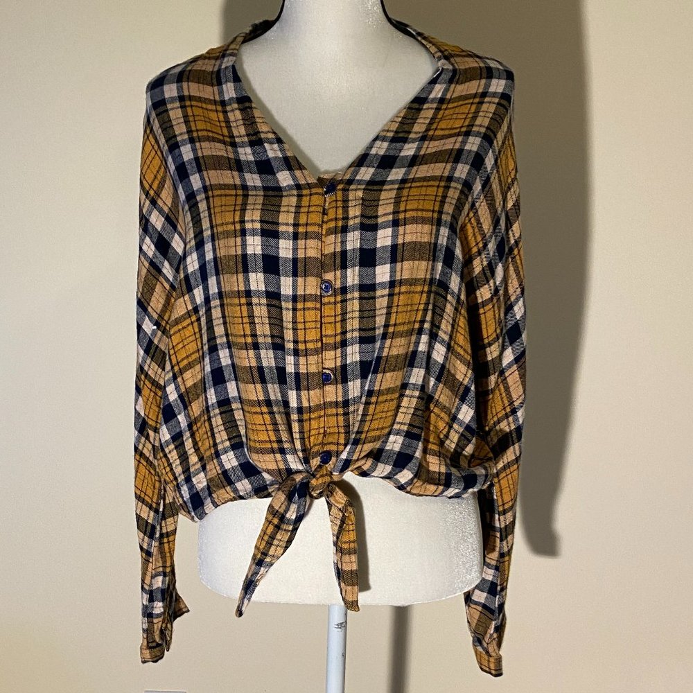 Yellow and Navy Plaid Semi Crop Button Up Top
